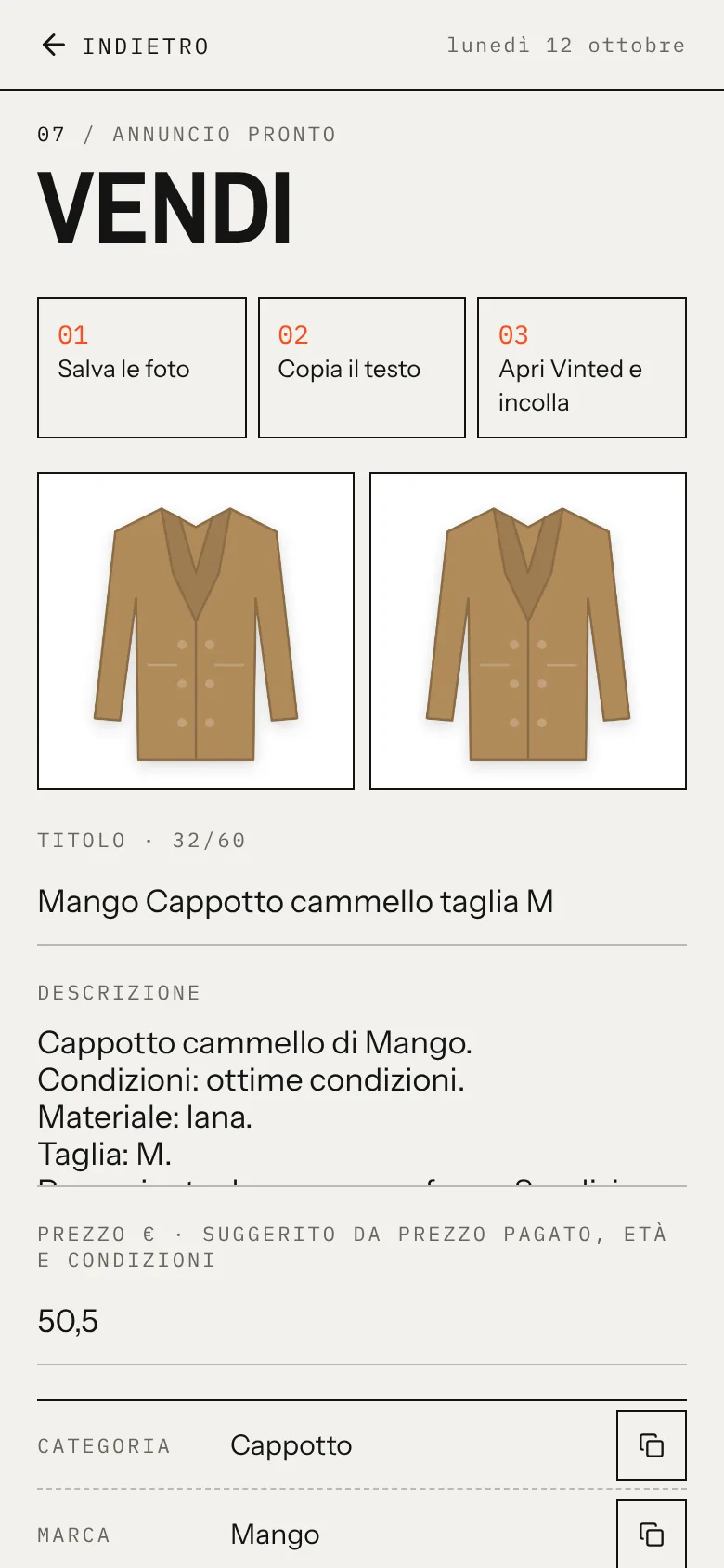 Schermata Vendi con annuncio Vinted pronto per un cappotto cammello